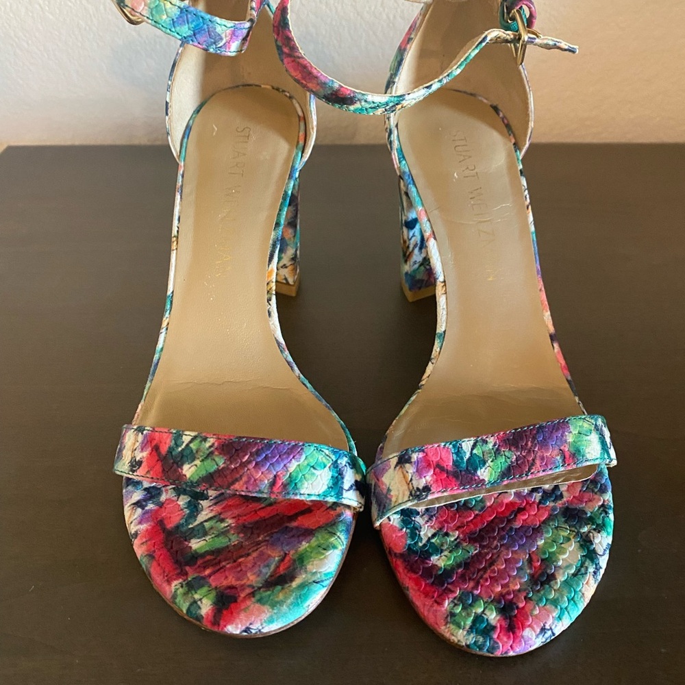 Stuart Weitzman multi color  high heel strap shoe.